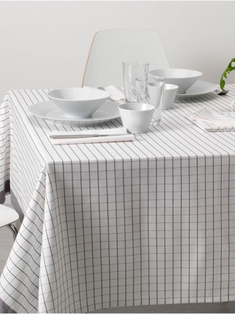 IKEA White Tablecloth with Gray Grid Pattern